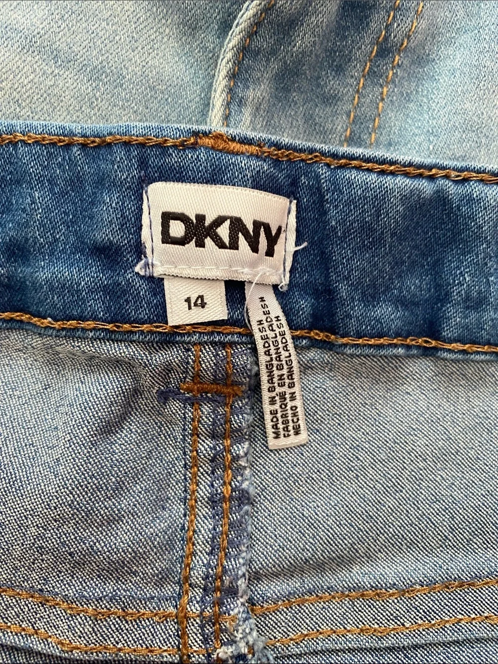 DKNY Girls' Dark and Light Blue Denim Shorts with Gold Studs